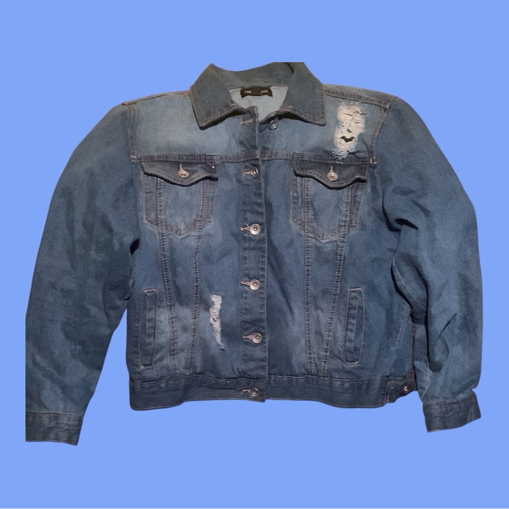 Women Distressed Blue Denim Jacket by New Look Sz. L